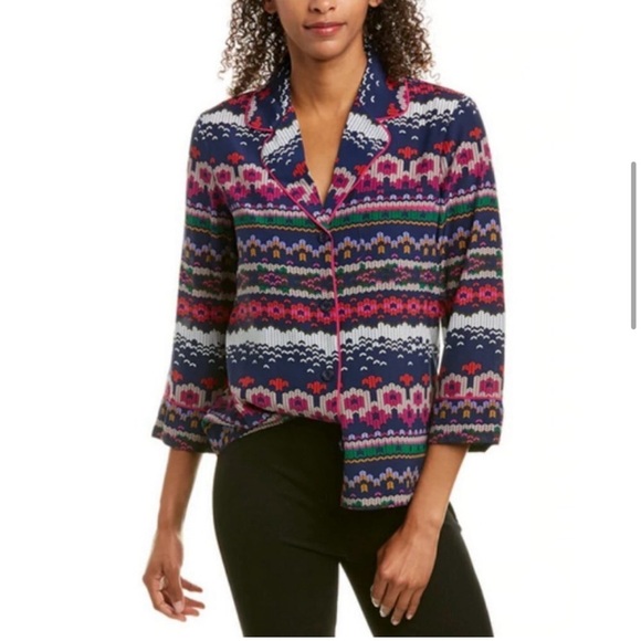NWT TRINA TURK Ira 3 100% Silk Pajama Style Top ~ Fairisle Print small reg $145 - Picture 4 of 10